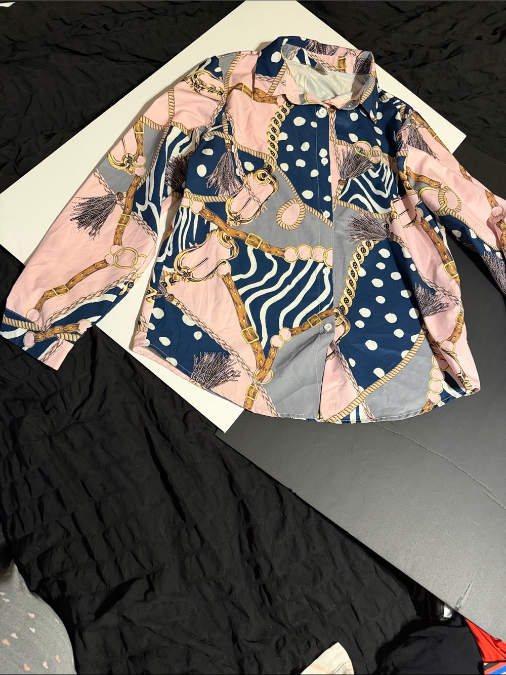 Women's Mixed Print Button-Down Shirt in Pink & Navy